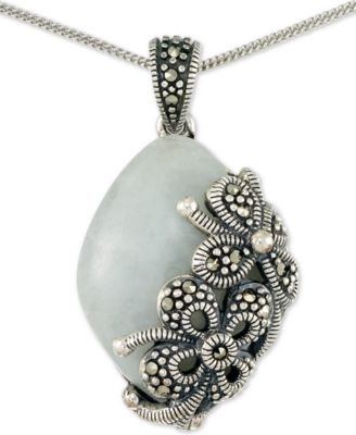 Macy's - Jade (18 x 25 x 5mm) & Marcasite Floral 18" Pendant Necklace in Sterling Silver