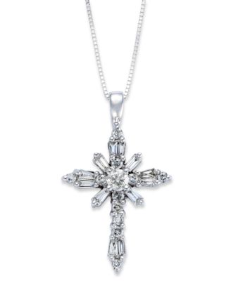Macy's - Diamond Baguette Cross Pendant Necklace in 14k White Gold (1/2 ct. t.w.)