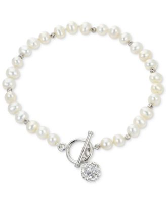 Macy's - Cultured Freshwater Pearl (5-5-1/2mm) & Crystal Toggle Bracelet in Sterling Silver