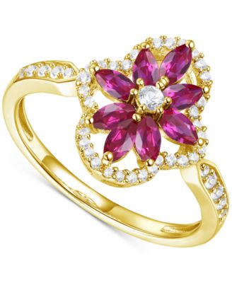 Macy's - Lab-Created Emerald (3/4 ct. t.w.) & Lab-Created White Sapphire (1/3 ct. t.w.) Flower Halo Ring in 14k Gold-Plated Sterling Silver (Also in Lab-Created Ruby & Lab-Created Sapphire)