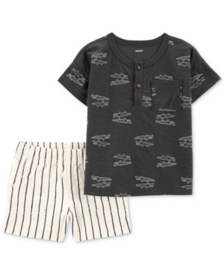 Carter's - Toddler Boys Alligator Henley T-Shirt & Striped Pull-On Shorts, 2 Piece Set